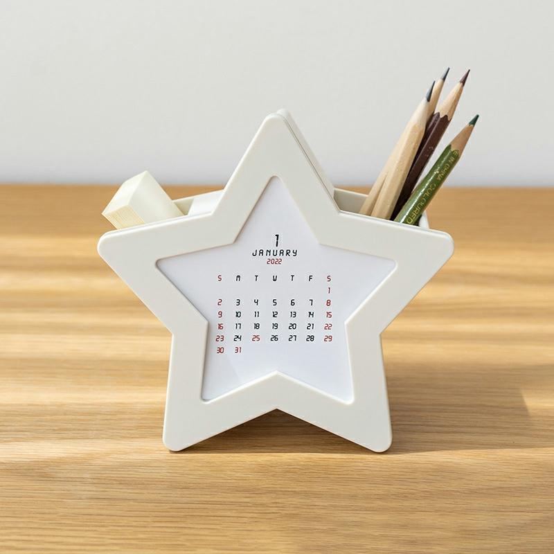 2022 Desk Calendar Pen Holder Creatives Star Shaped Reminder Desk Calendar Decoration Literary Dorm Desktop Ornament Creamy-White  |  Desk Supplies Desk Supplies Blue