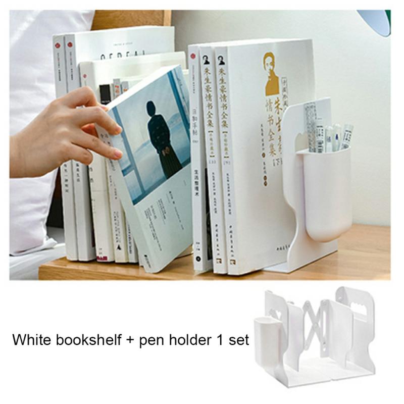 Adjustable Bookend With Pen Holder Expandable Book Holder For Home Office School White  |  Desk Supplies Desk Supplies Desk Supplies