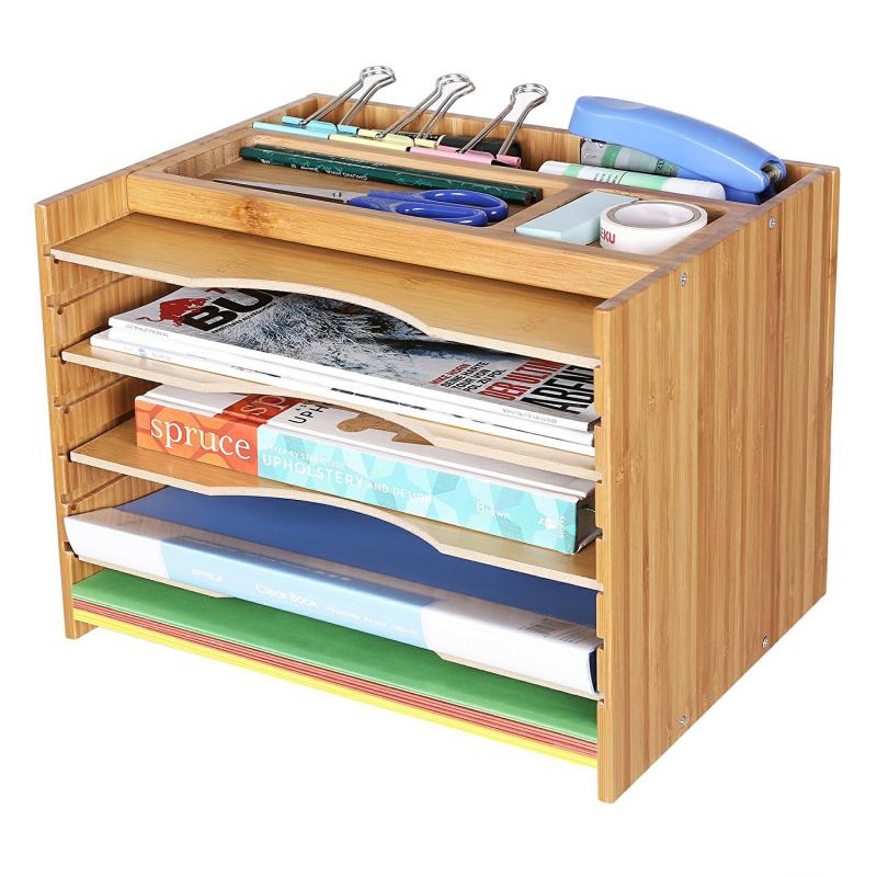 Bamboo Desk File Organizer Office Paper Sorter With 5 Adjustable Shelves  Document Mail Paper Tray Holder  |  Files & Folders Files & Folders Files & Folders