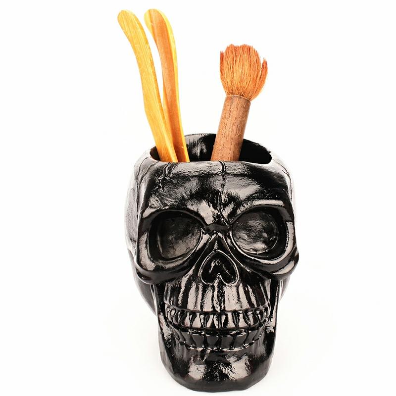 Black/Pink Skull Resin Pencil Holder Halloween Decorative Skeleton Head Stationery Desktop Organizer Black  |  Desk Supplies Desk Supplies Black