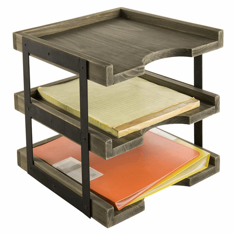 Brown 3 Tier Wood Desktop Paper Tray With Metal Frame Rustic Desk Document Mail Folder Holder Office Organizer  |  Files & Folders Files & Folders Files & Folders