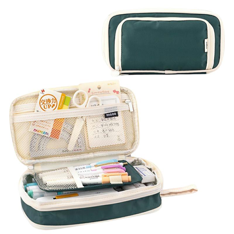 Cute Double Layers Pencil Case Large Capacity Pencil Bag Student Stationery Dark Green  |  Desk Supplies Desk Supplies Black