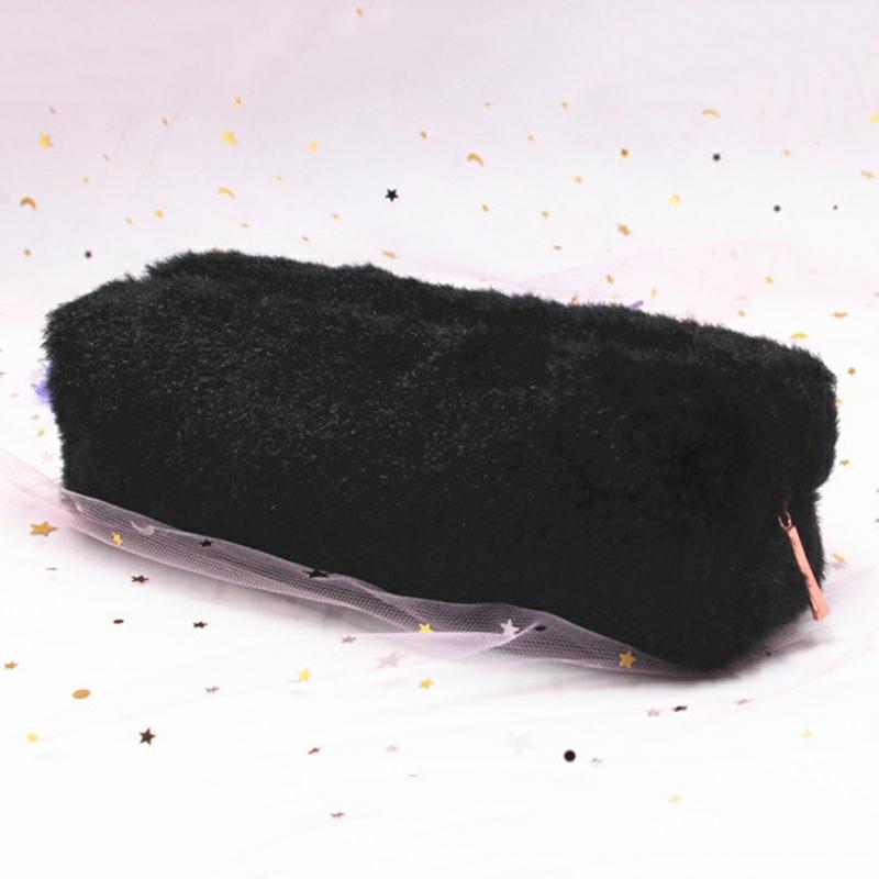 Cute Plush Pencil Pen Pouch Faux Fur Lightweight Large Capacity Stationary Cosmetics Bags For Students Girls Black  |  Desk Supplies Desk Supplies Beige