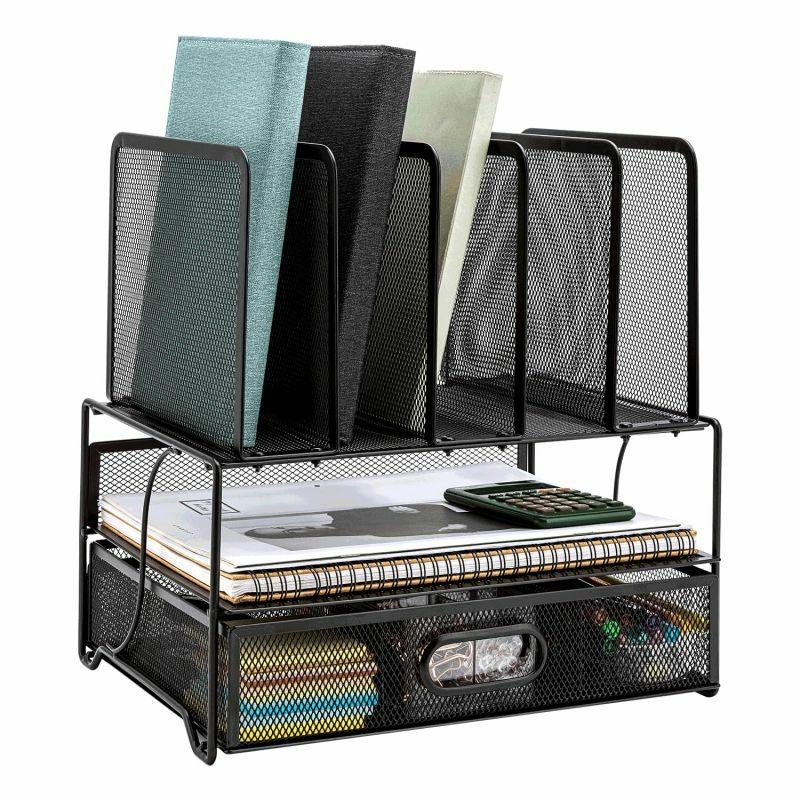 Desktop File Folder Organizer 3-Tier Letter Tray With 5 Vertical File Holders Mesh Desk Organizer With Sliding Drawer  |  Files & Folders Files & Folders Files & Folders