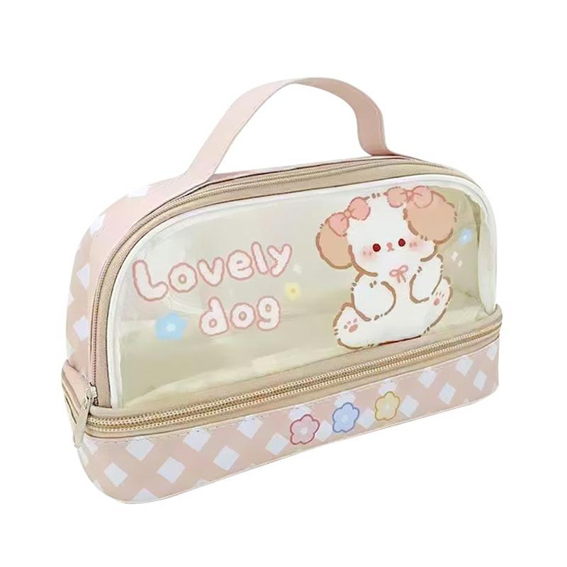 Double Layer Transparent Cartoon Pen Case With Handle Durable Pen Pouch Storage Bag For Adult Children Beige Dog  |  Desk Supplies Desk Supplies Beige Dog