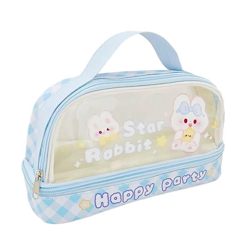 Double Layer Transparent Cartoon Pen Case With Handle Durable Pen Pouch Storage Bag For Adult Children Blue Rabbit  |  Desk Supplies Desk Supplies Beige Dog