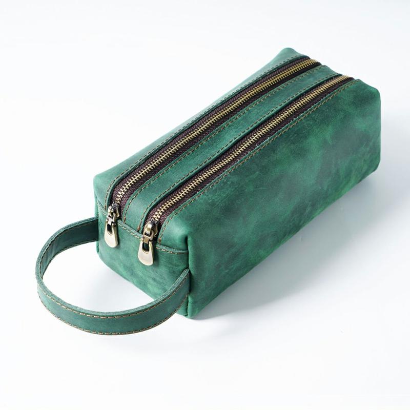 Double Layer Zippered Pencil Case Large Capacity Leather Stationery Storage Bag Crazy Horse Cowhide,Dark Green  |  Desk Supplies Desk Supplies Black