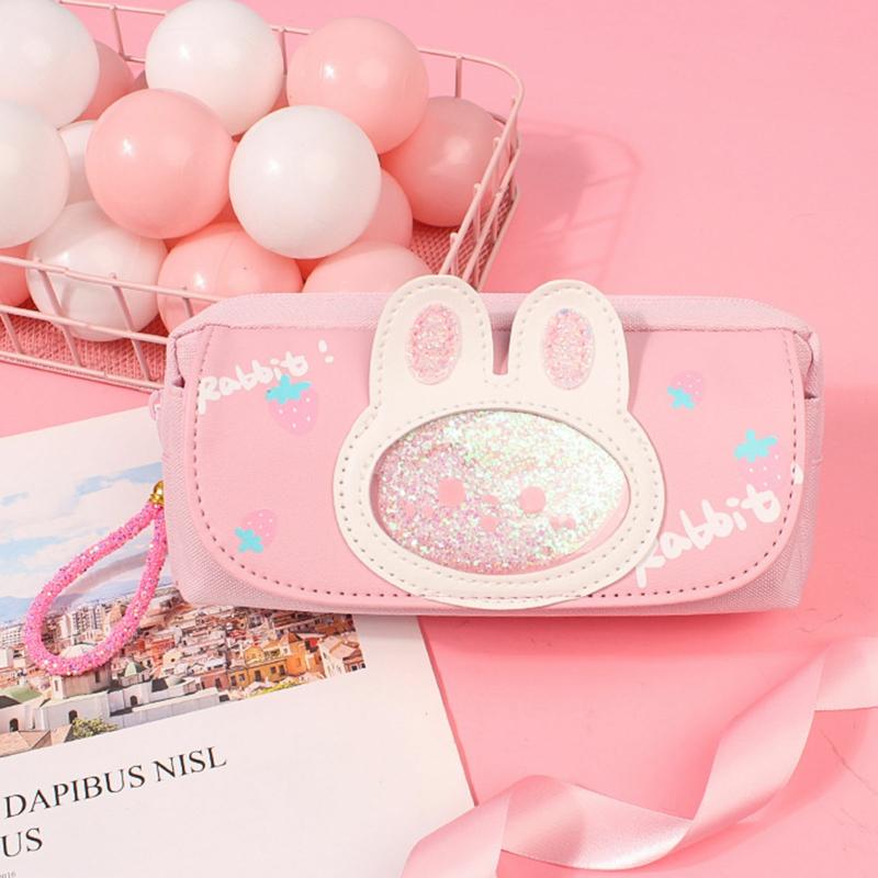 Double-Layer Zippered Pencil Case Portable Large Capacity Cute Stationery Bag Pink Rabbit  |  Desk Supplies Desk Supplies Desk Supplies