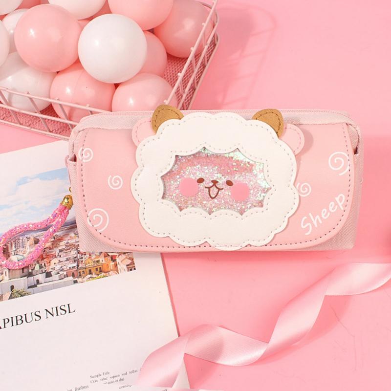 Double-Layer Zippered Pencil Case Portable Large Capacity Cute Stationery Bag Pink Sheep  |  Desk Supplies Desk Supplies Desk Supplies