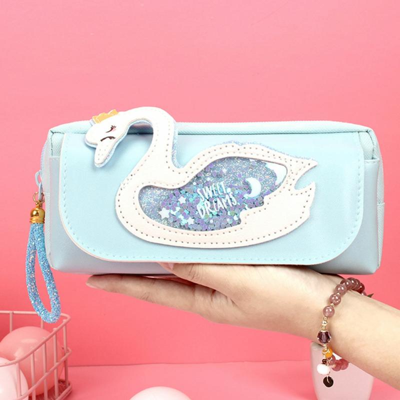 Double-Layer Zippered Pencil Case Portable Large Capacity Cute Stationery Bag Swan Blue  |  Desk Supplies Desk Supplies Desk Supplies