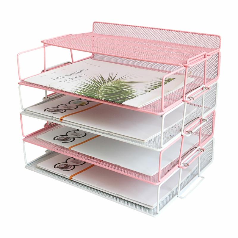 Easy Assemble 5-Tier Pink Mesh Desktop File Organizer Document Letter Stackable Tray Holder For Office Or Home  |  Files & Folders Files & Folders Files & Folders