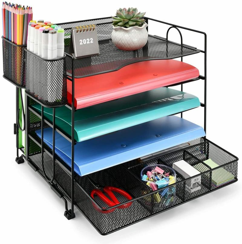 Factory Customization Mesh 5 Layers With Drawers And Two Pen Holders Iron Art File Storage File Tray For Office  |  Files & Folders Files & Folders Files & Folders