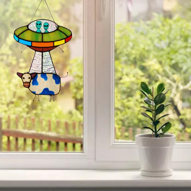 Fun Cow And Aliens Shape Art Stained Glass Hanging Panel With Chain Decoration For Door Window New  |  Writing Material Writing Material Writing Material