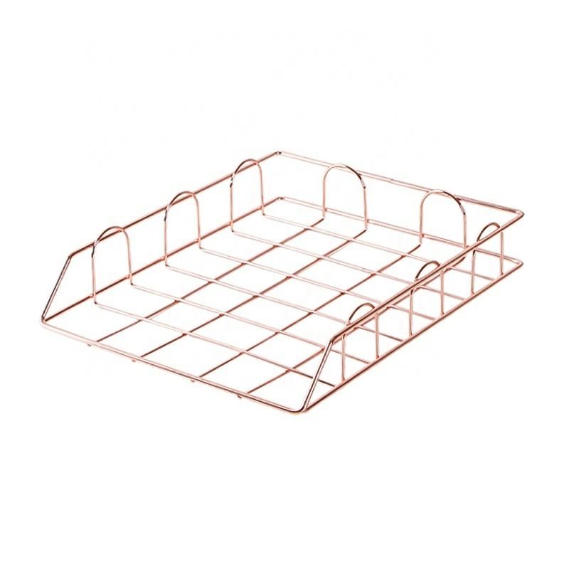 Hot Selling Rose Gold Square Desk Document Holder Set Of 2 Stackable Wire Letter Tray Organizer For Office Use  |  Files & Folders Files & Folders Files & Folders