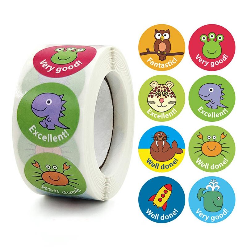 Kids Cartoon Animal Sticker Roll 500-Count Stickers Round Teacher Encouragement Motivational Lable Sticker For Teacher A-399  |  Writing Material Writing Material A-399