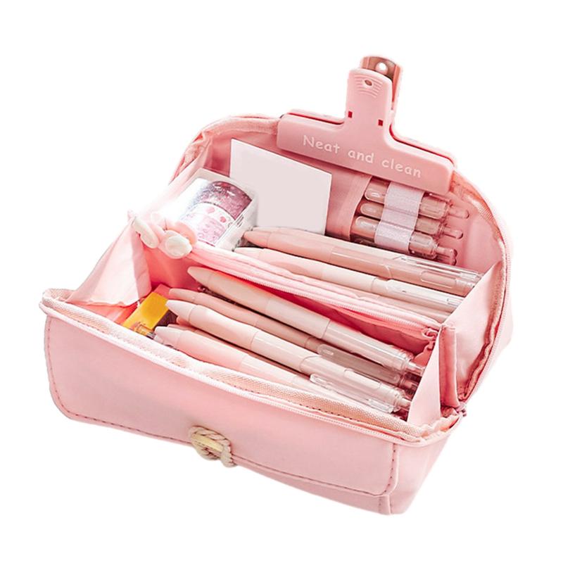 Lovely Multi Layer Pencil Storage Bag Durable Pen Case Pouch Storage Bag For Office College School Pink  |  Desk Supplies Desk Supplies Beige