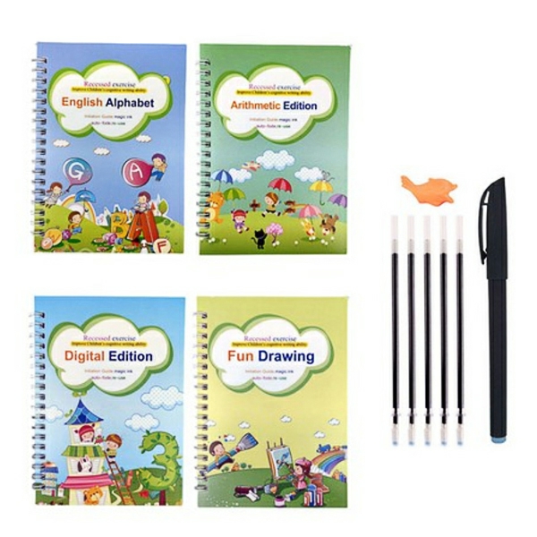 Magic Practice Copybook English Tracing Grooves Design Baby Writing Drawing Book  4 Books With Pen  |  Writing Material Writing Material Writing Material