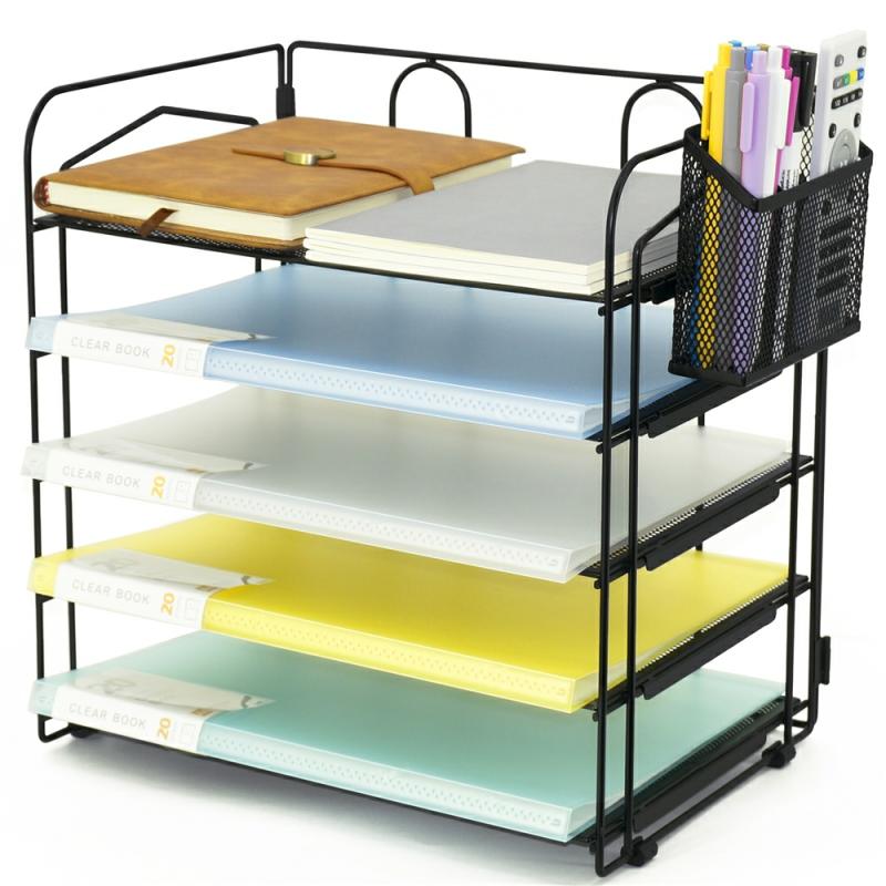 Metal 5  Tier Paper  Letter Tray  Organizer With Pen Holder And Extra Pack 6 Colored Plastic  File Folders,Desk Organizer Black  |  Files & Folders Files & Folders Files & Folders