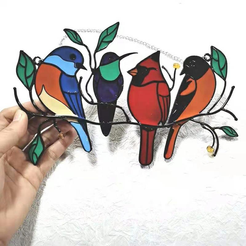 Multicolor Birds On Branch High Stained Suncatcher Window Panel Bird Series Ornaments Pendant Home Decoration Gifts Row Of Birds  |  Writing Material Writing Material Bird On Branch