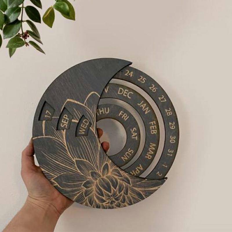 Multifunctional Wooden Calendar Round Perpetual Calendar Study Desk Calendar Handicraft Decoration Wooden Crafts Gray  |  Writing Material Writing Material Charcoal