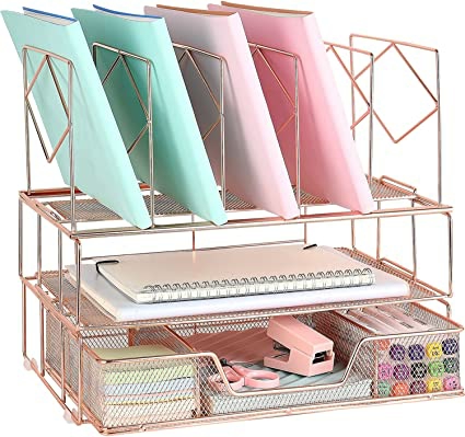 Office Supplies Desk Organizer With Sliding Drawer Double Tray And 5 Upright Section File  |  Files & Folders Files & Folders Files & Folders