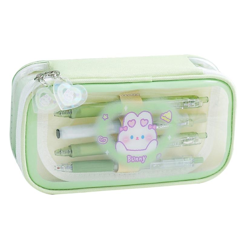 Puples Large Capacity Pencil Case Cartoon Transparent Pencil Bag Multi-Layer Design Pencil Bag School Students Storage Bag Green  |  Desk Supplies Desk Supplies Desk Supplies