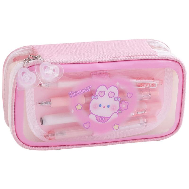 Puples Large Capacity Pencil Case Cartoon Transparent Pencil Bag Multi-Layer Design Pencil Bag School Students Storage Bag Pink  |  Desk Supplies Desk Supplies Desk Supplies