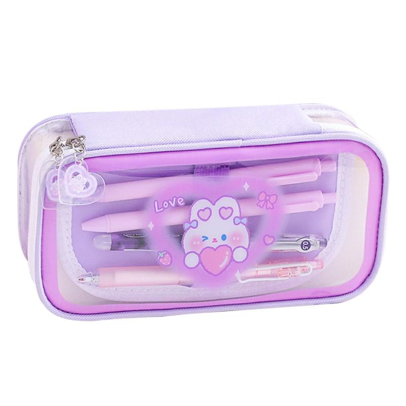 Puples Large Capacity Pencil Case Cartoon Transparent Pencil Bag Multi-Layer Design Pencil Bag School Students Storage Bag Purple  |  Desk Supplies Desk Supplies Desk Supplies