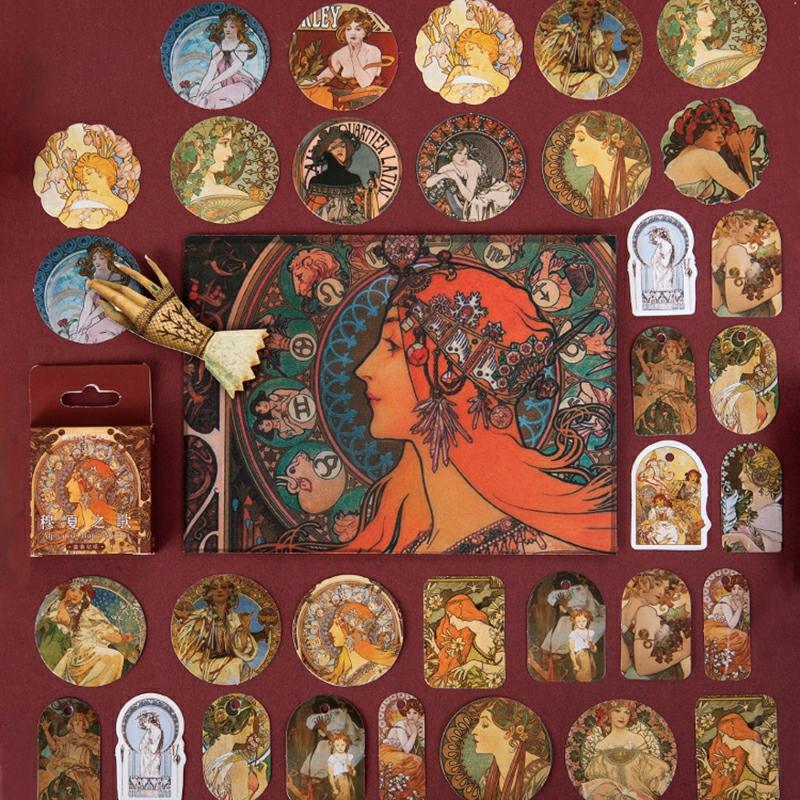 Set Of 45 Mucha Oil Painting Sticker Diy Album Diary Scrapbooking Decor Artistic Figure Portrait Paper Decal New  |  General Supplies General Supplies General Supplies