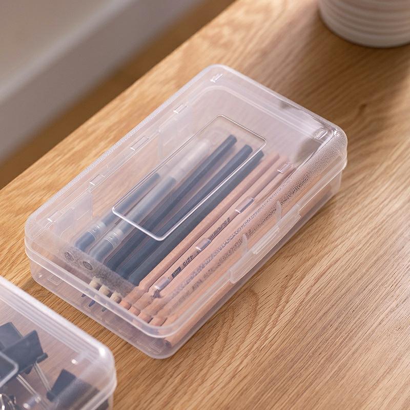 Simple Pencil Case Clear Hard Large Capacity Makeup Brush Pen Storage Box Organizer For Office Students Snap Closure Transparent  |  Desk Supplies Desk Supplies Blue Upgrade