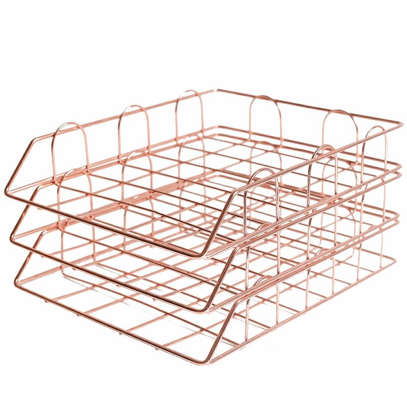 Stackable Metal Wire Rose Gold 2 Tier Paper Letter  Document Tray Desk Organizer With Bottom Support Frame Desktop  |  Files & Folders Files & Folders Files & Folders