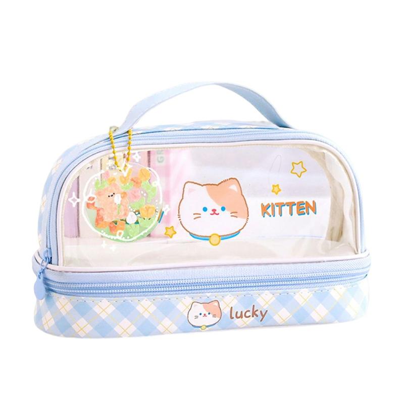 Students Large Capacity Pencil Case Cute Cartoon Transparent Pencil Bag  School Student Supplies Send Stickers,Cat  |  Desk Supplies Desk Supplies Bunny Rabbit