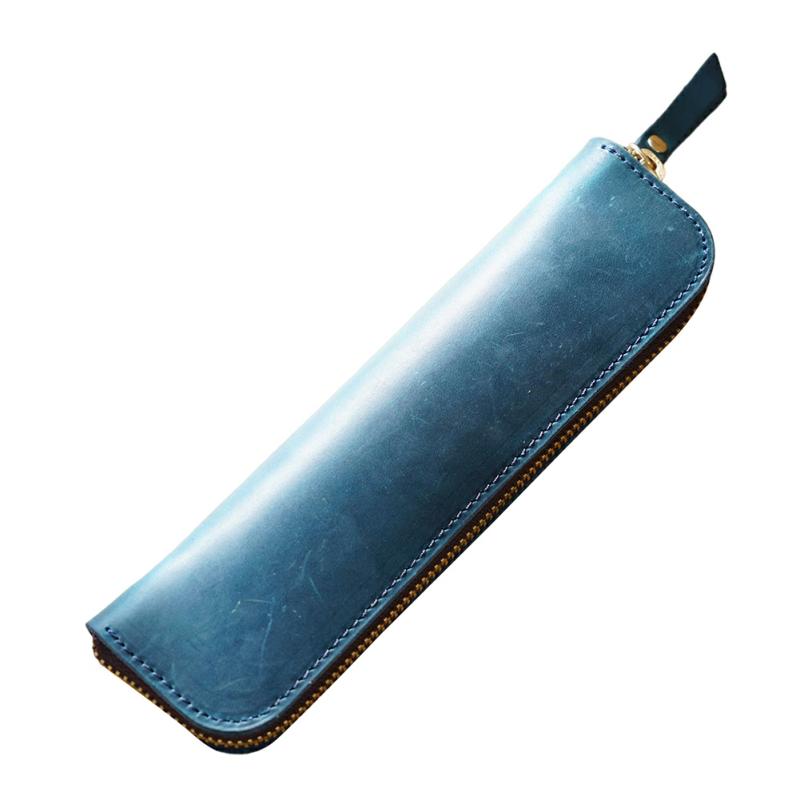 Vintage Zippered Pencil Case Built-In Elastic Straps Stationery Storage Bag Crazy Horse Cowhide,Bluish  |  Desk Supplies Desk Supplies Black