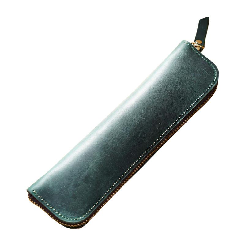 Vintage Zippered Pencil Case Built-In Elastic Straps Stationery Storage Bag Crazy Horse Cowhide,Dark Green  |  Desk Supplies Desk Supplies Black